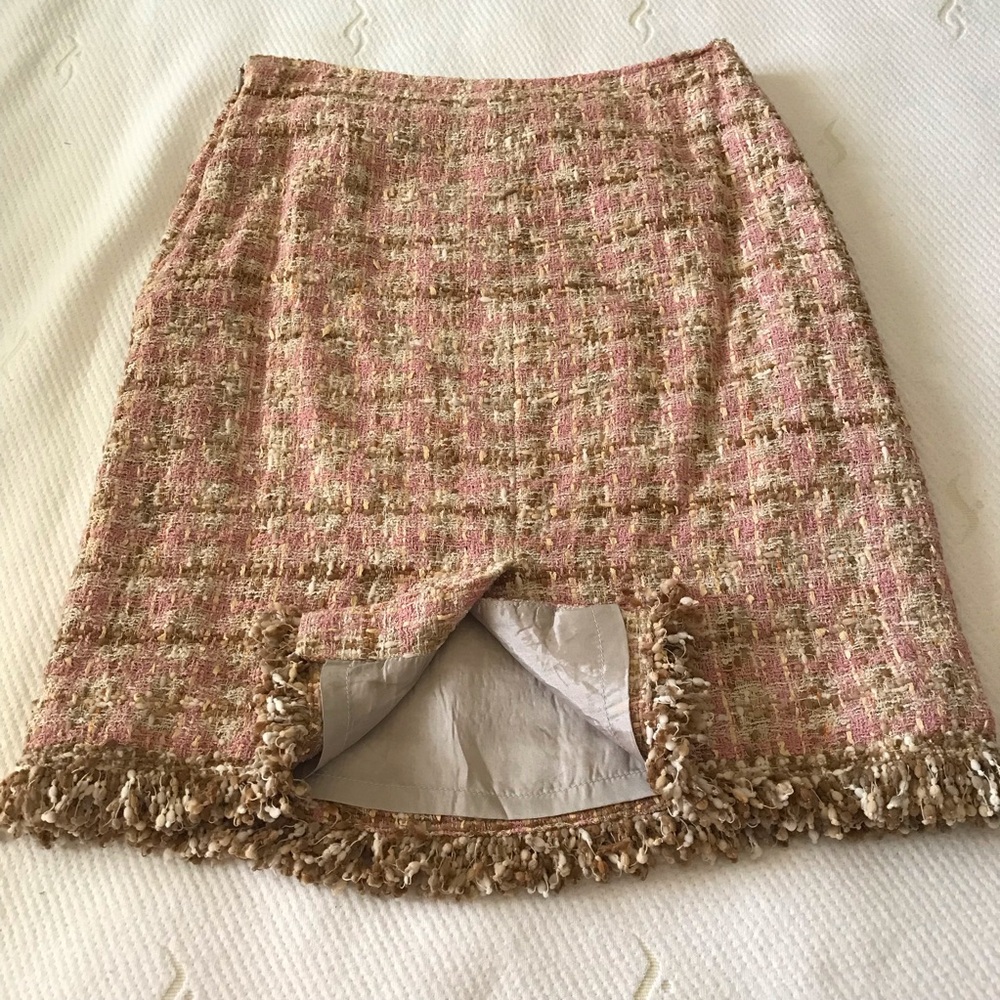JON Designer Vtg Tweed Skirt Suit Pink Tan Bouclé Fringe Jacket 8 Nostalgic Rare - Picture 8 of 16